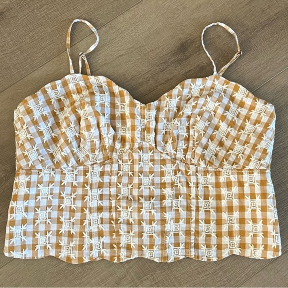 Anthropologie Maeve Scalloped Crop Top Sz‎ 6 Neutral Motif Brown Spaghetti strap - Picture 12 of 13